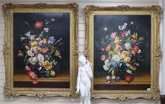 A pair of large oil still lifes, initialled AM, 105 x 79cm